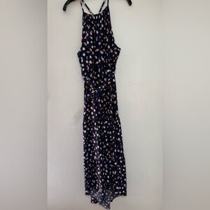 Navy Polka Dot Halter Maxi Dress with Pink and Cream Spots